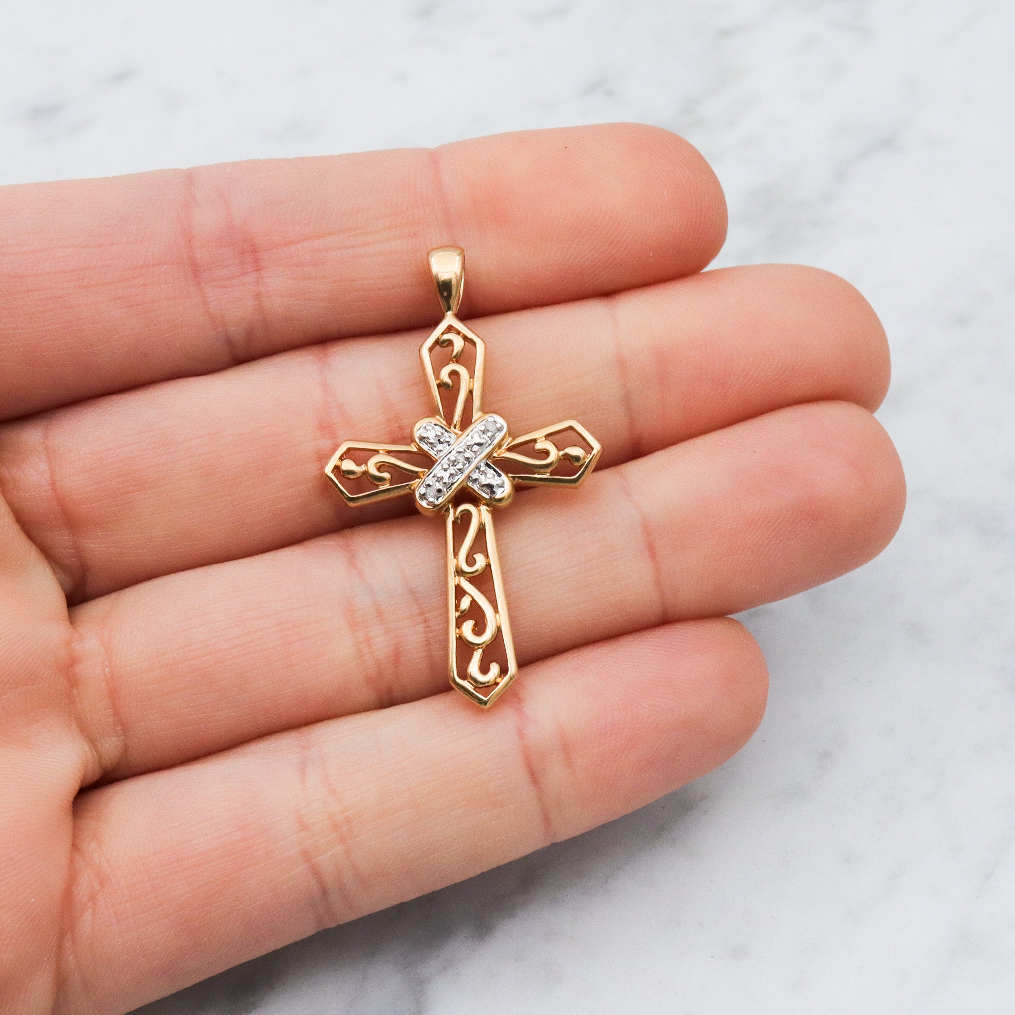 Vintage gold plated sterling silver filigree cross pendant with diamond accents